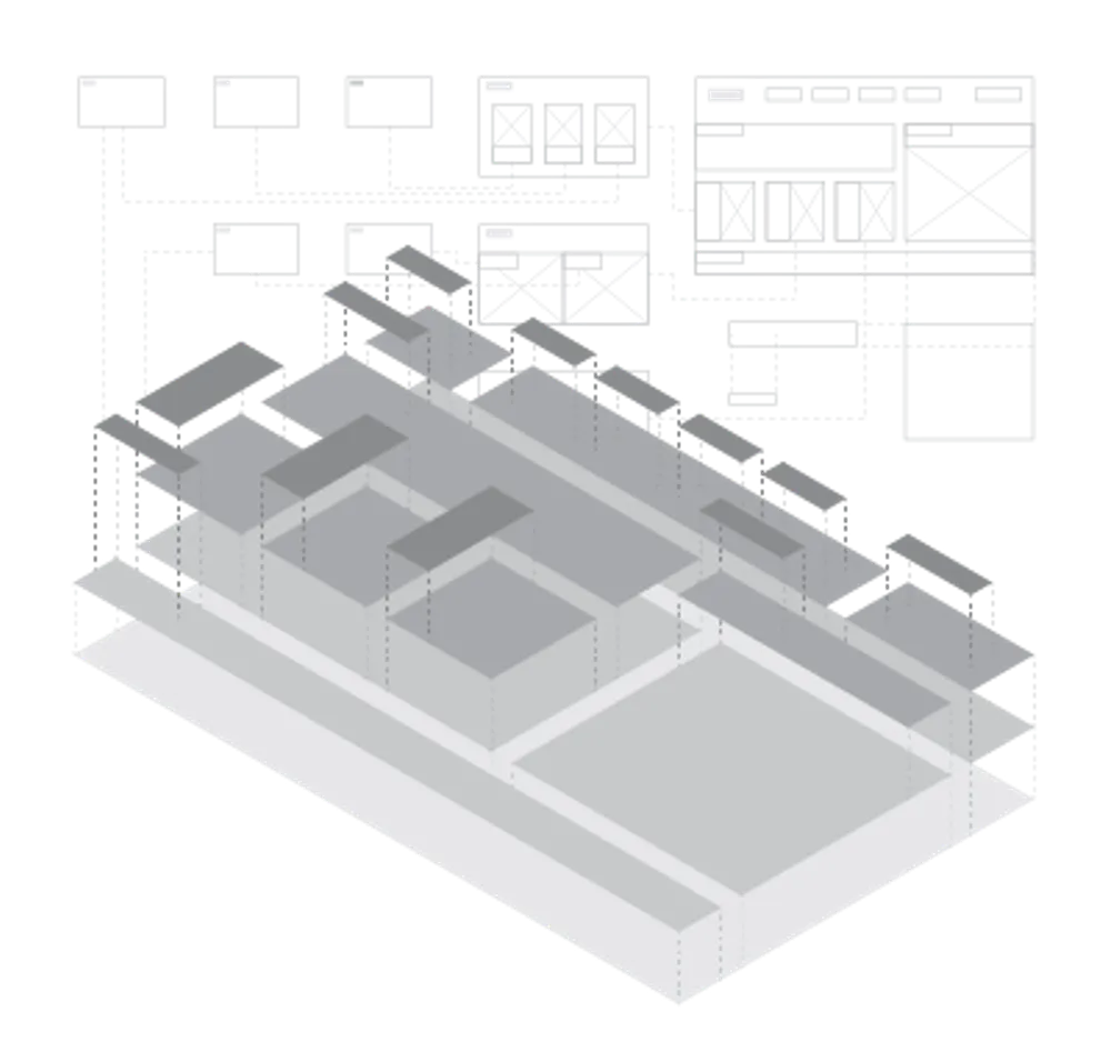 Wireframe layers showing a page layout built into an interactive prototype