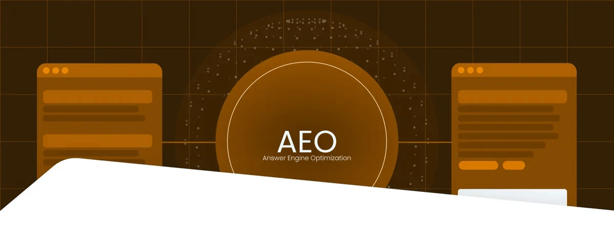 Illustration of answer engine optimization (AEO) surrounded by search interface panels