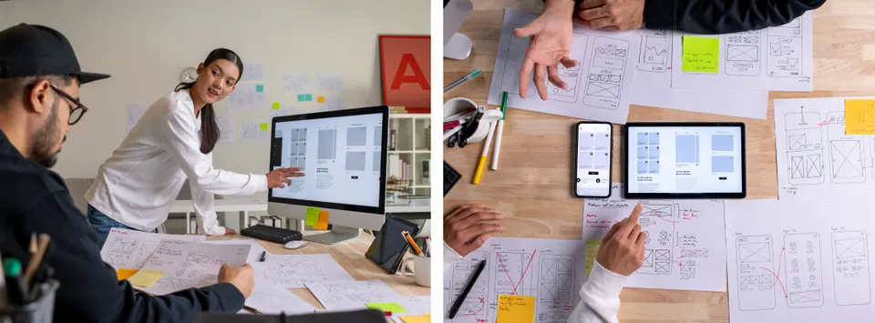 Designers reviewing website wireframes and UI mockups